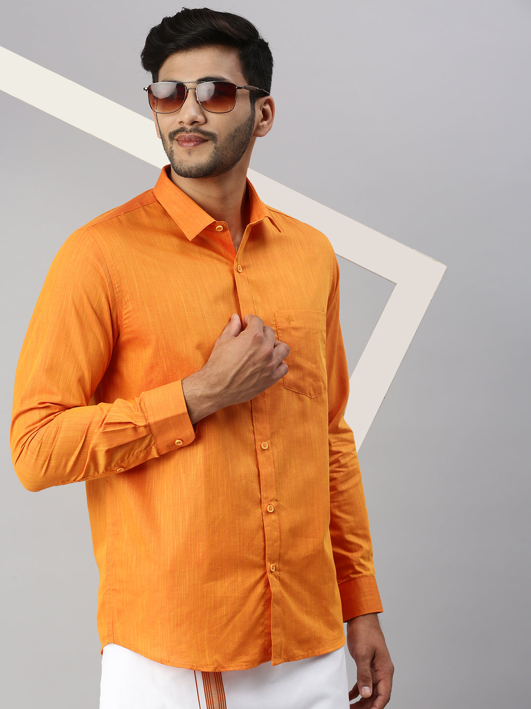 Mens Orange Matching Border Dhoti & Full Sleeves Shirt Set Evolution IC1-Close view