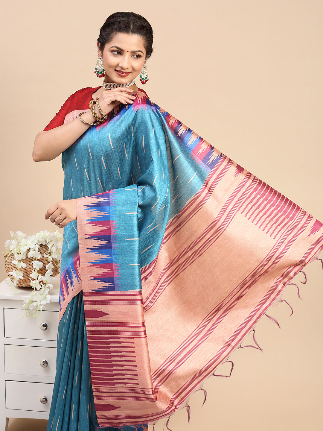 Womens Semi Tussar Weaving Saree Blue ST175