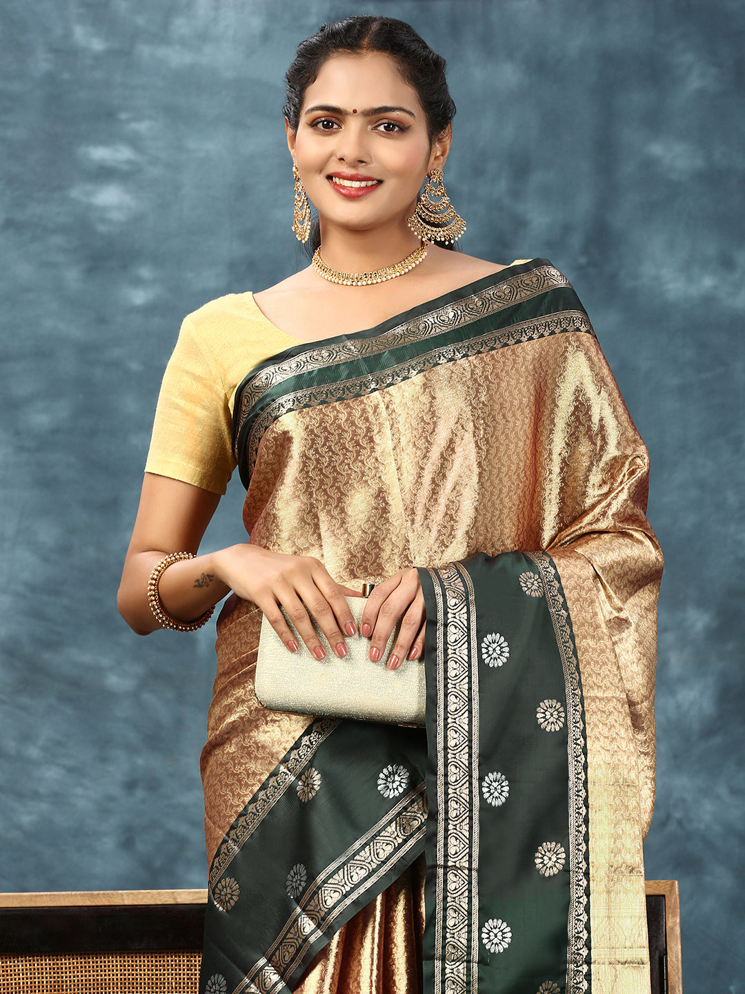 Women Semi Silk Tissue Weaving Saree Gold SS220