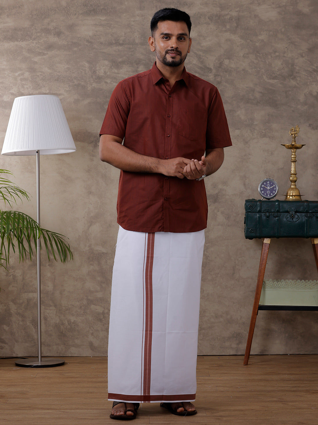 Men Brown Matching Border Dhoti & Half Sleeves Shirt Set Evolution IC7