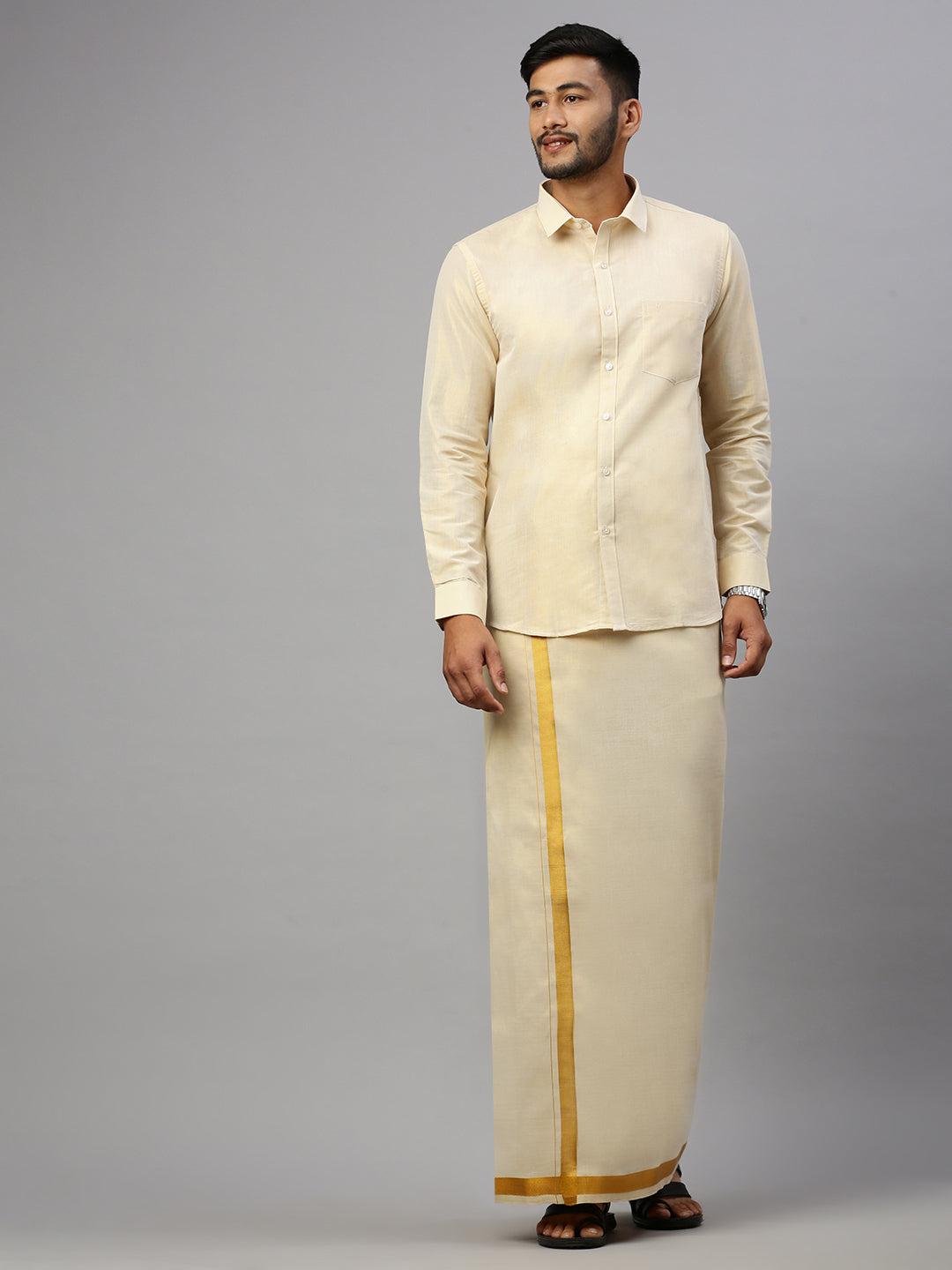 Couple Combo Tissue Gold Jari Dhoti Shirt Set with Kerala Saree KS124