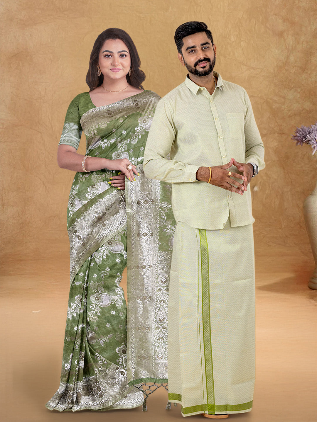 Couple Combo Shirt & Dhoti Set with Saree Moss Green MGD12