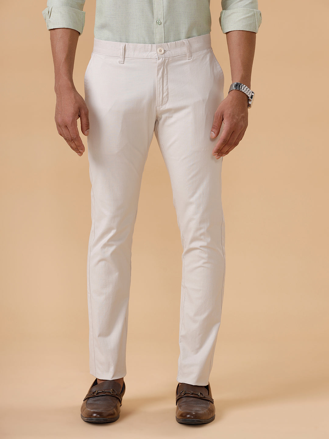 Men Cotton Smart Fit Stretch Pant Off White Linox