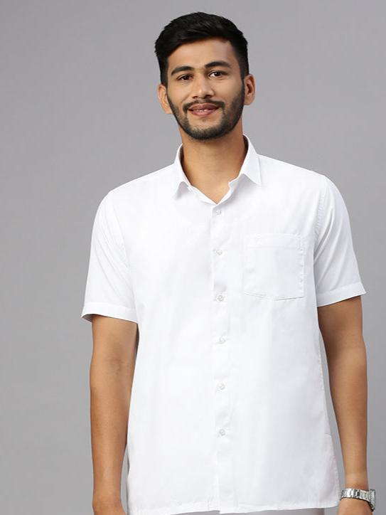 Men Cotton White Half Sleeves Shirt with Small Border Dhoti Combo