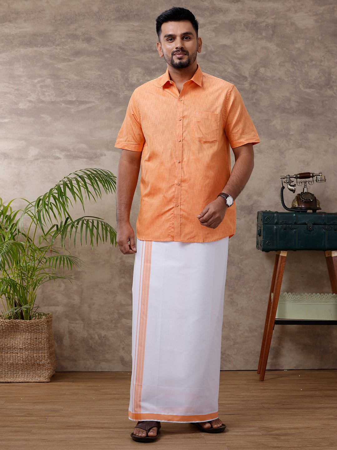 Men Matching Border Dhoti & Half Sleeves Shirt Set Orange C2