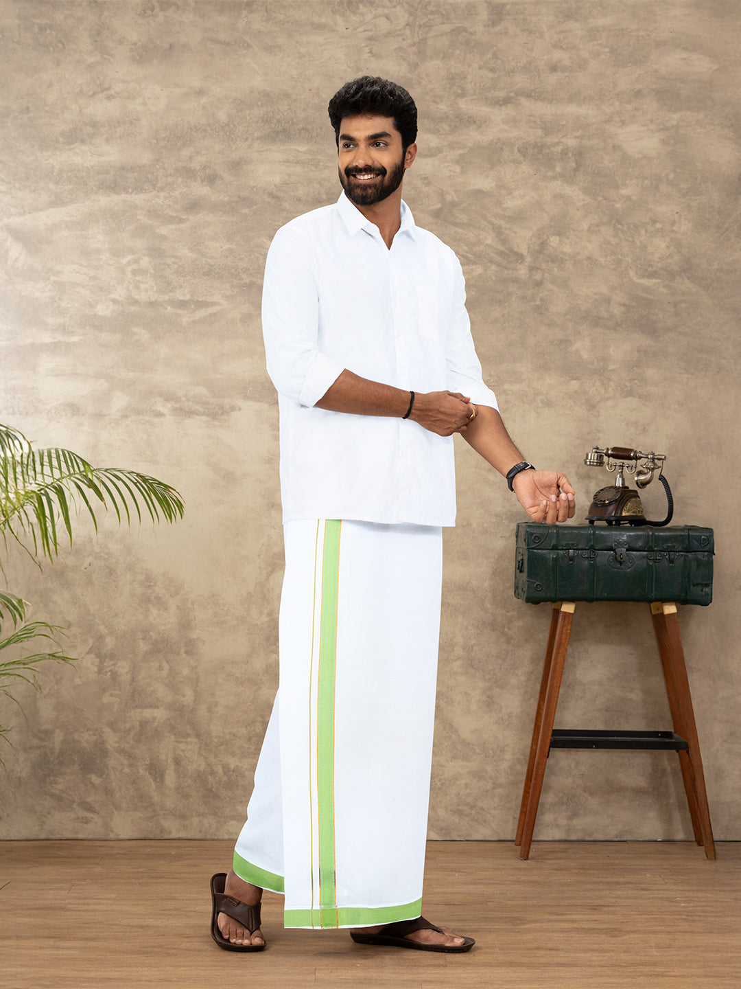 Men Cotton Blend Readymade Single Layer White Dhoti with Fancy Jari Border GACJ45