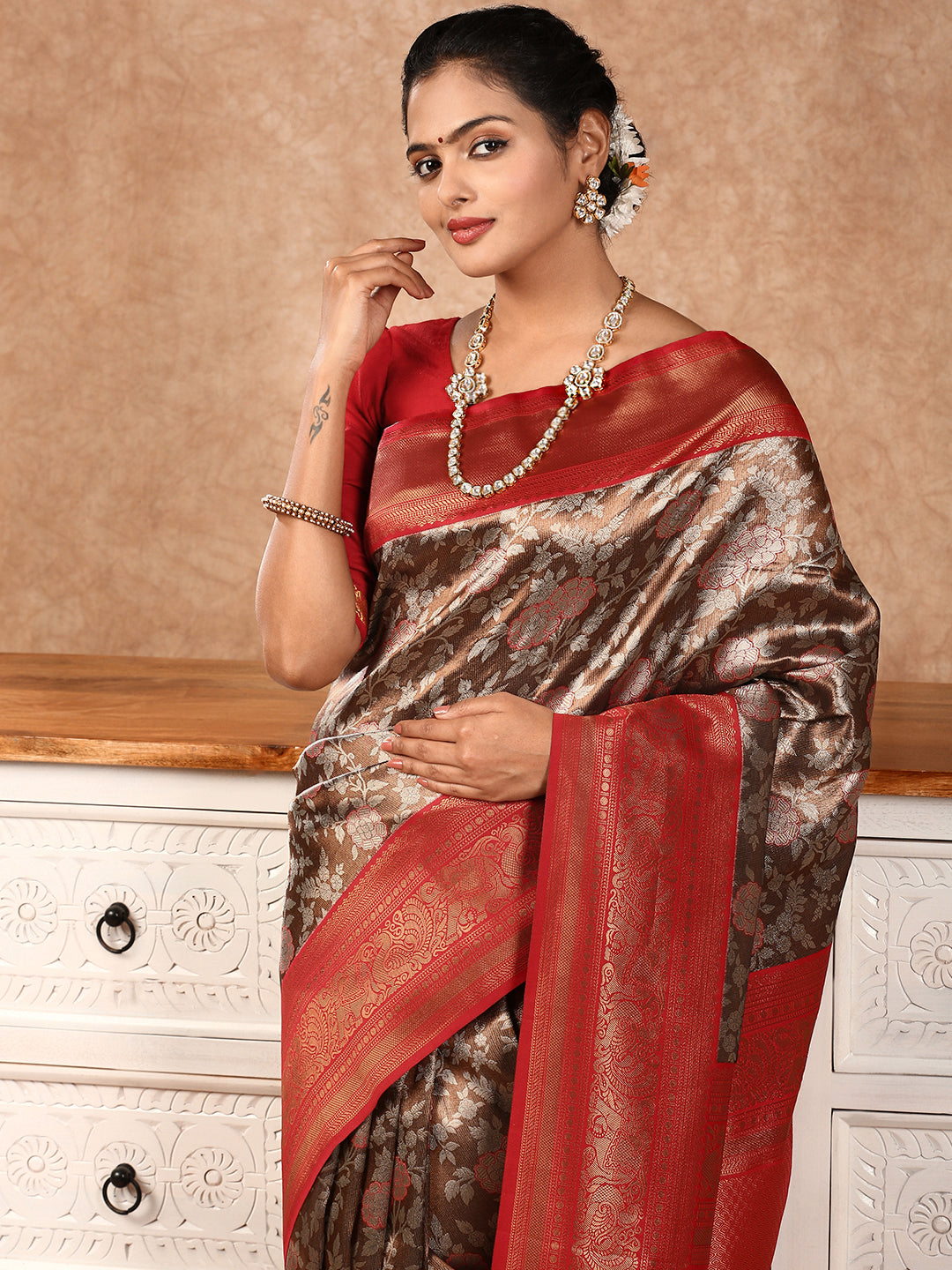 Women Semi Silk Saree Brown SS192