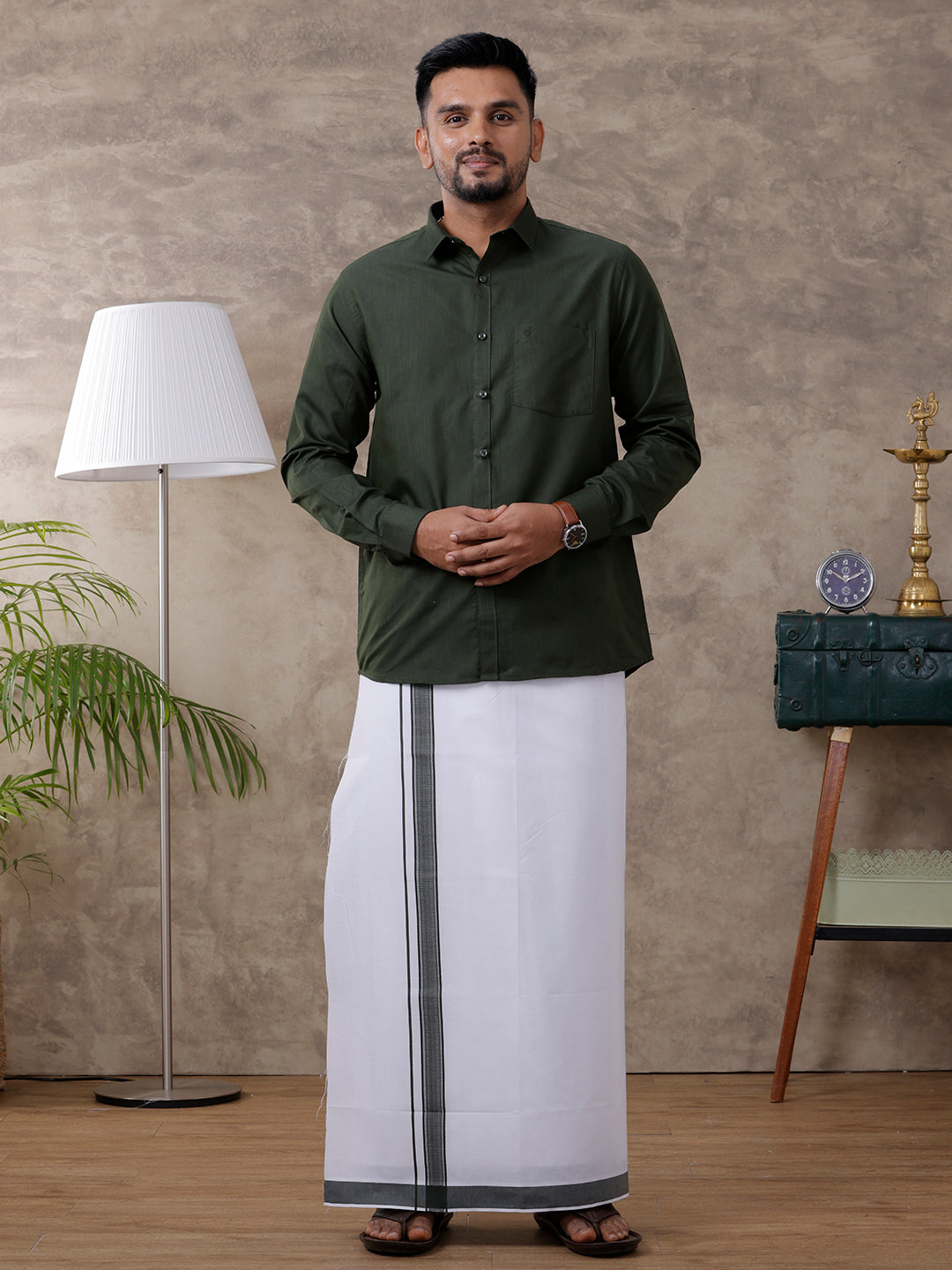 Mens Green Matching Border Dhoti & Full Sleeves Shirt Set Evolution IC8