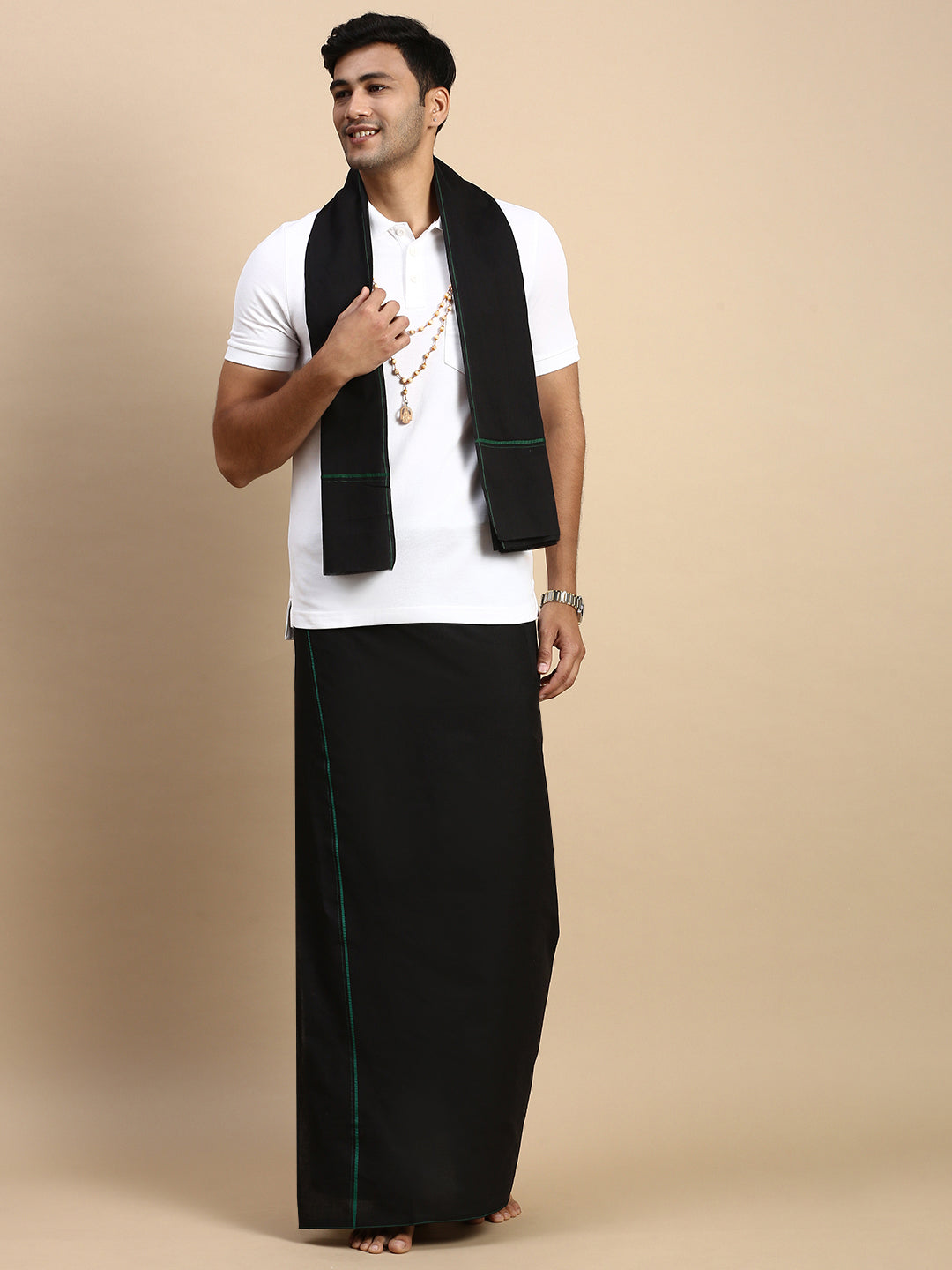 Men Devotional Small Border Dhoti with Towel & TShirt Set Black EP1