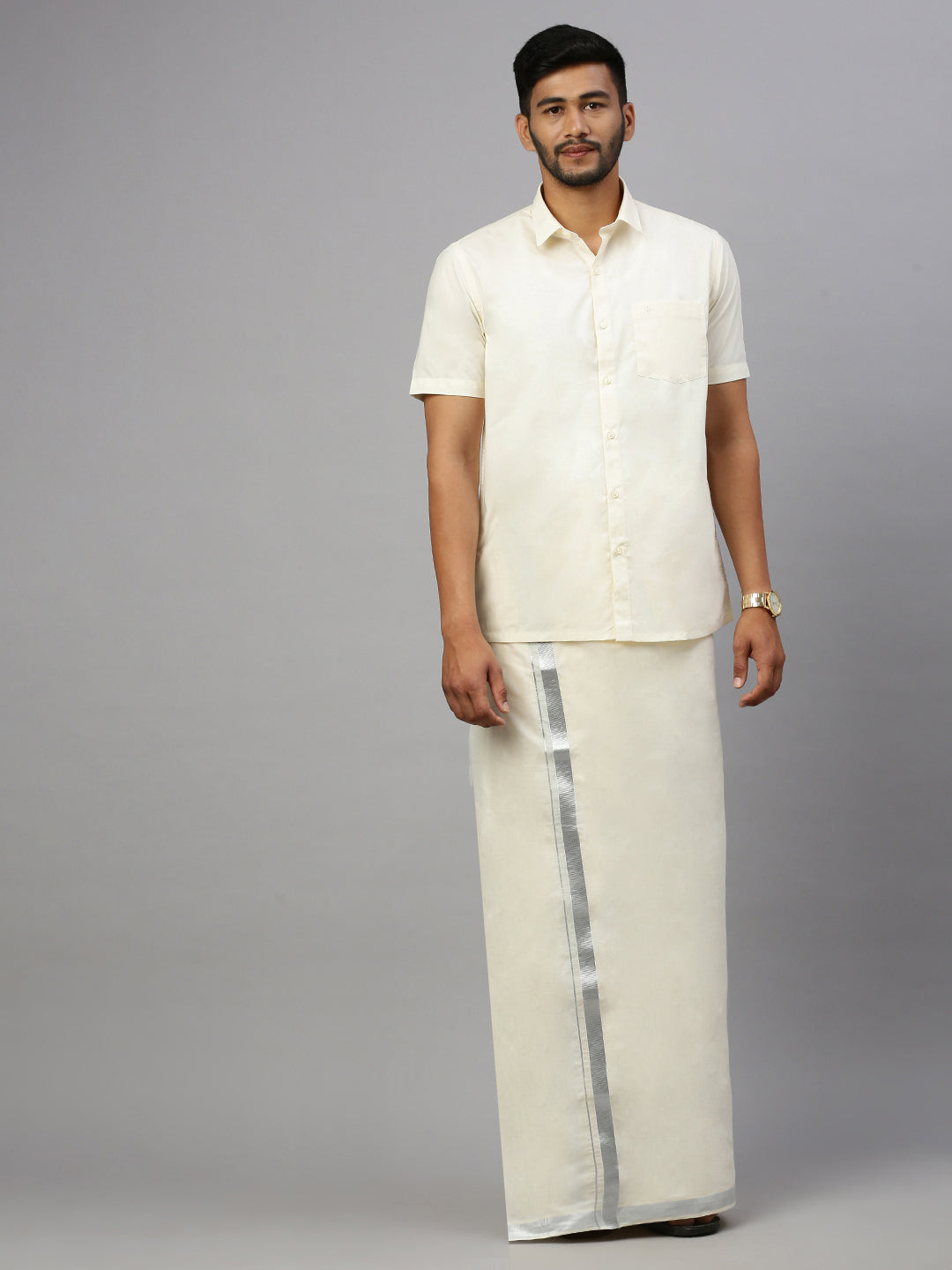 Mens Double Dhoti Cream with Silver Jari 1 1/2" Chaitra Silver