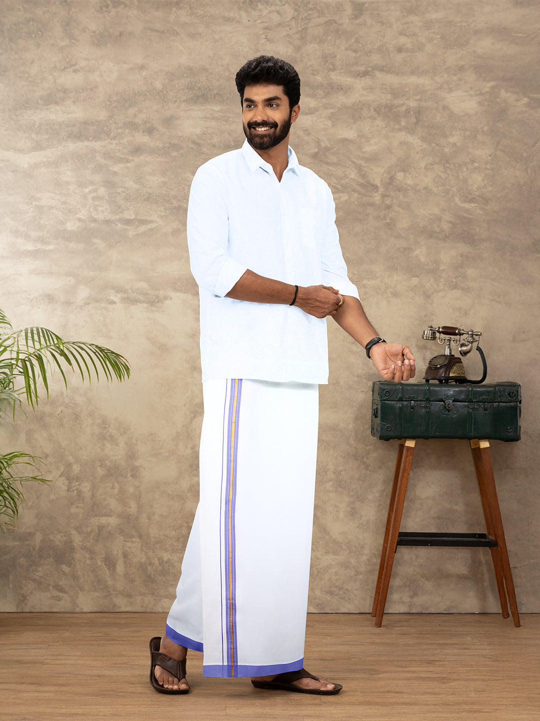 Men Cotton Blend Readymade Single Layer White Dhoti with Fancy Jari Border GACJ47