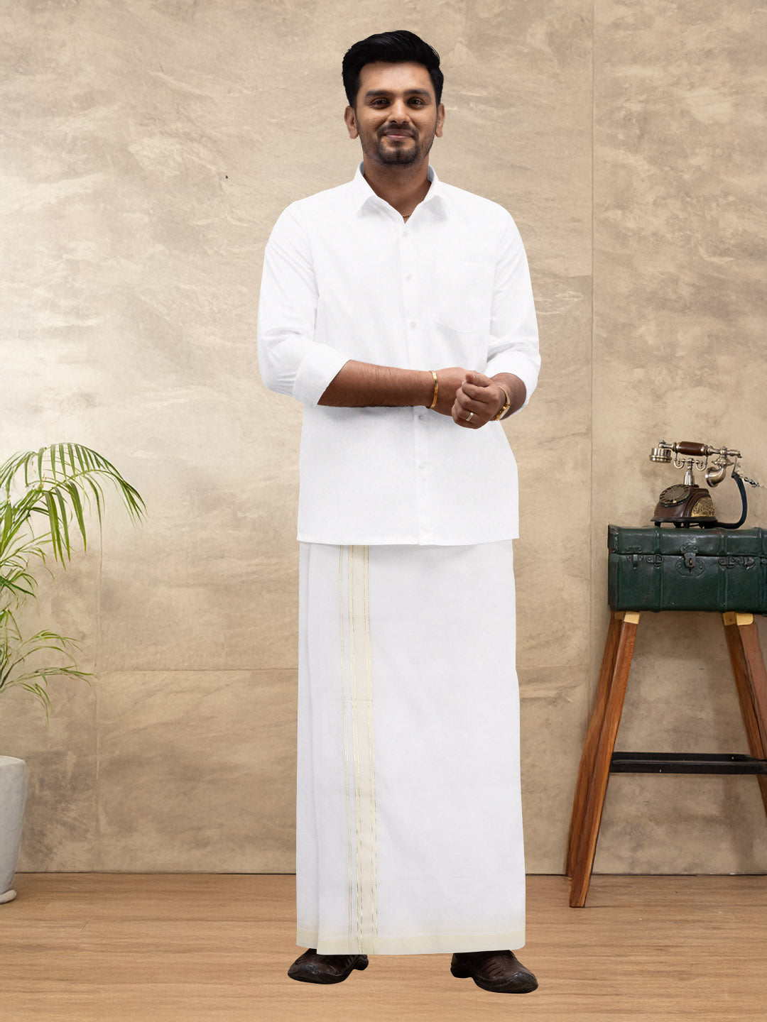 Men 100% Cotton Double Layer White Dhoti with Fancy Jari Border EJF16