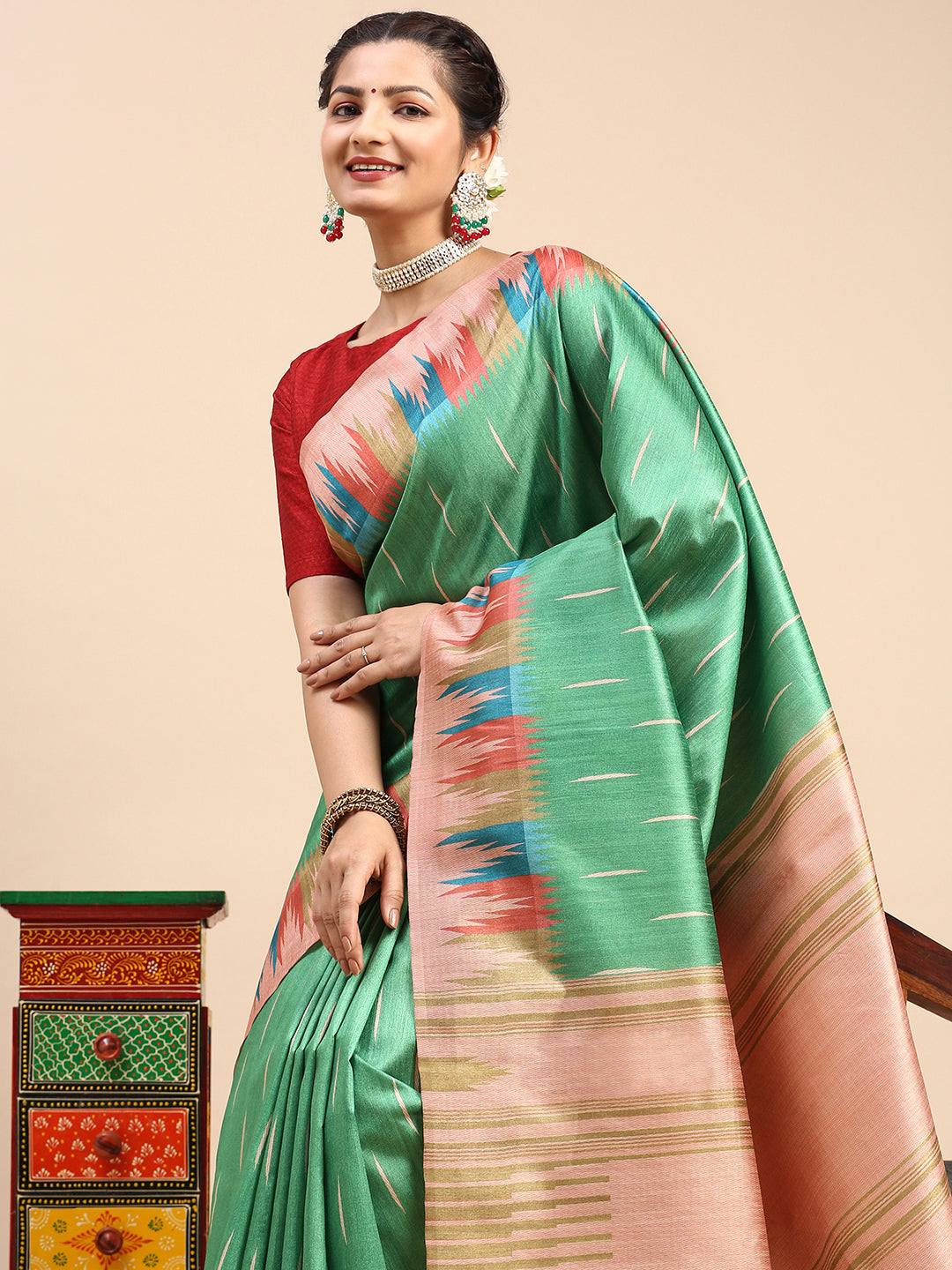 Womens Semi Tussar Weaving Saree Green ST170