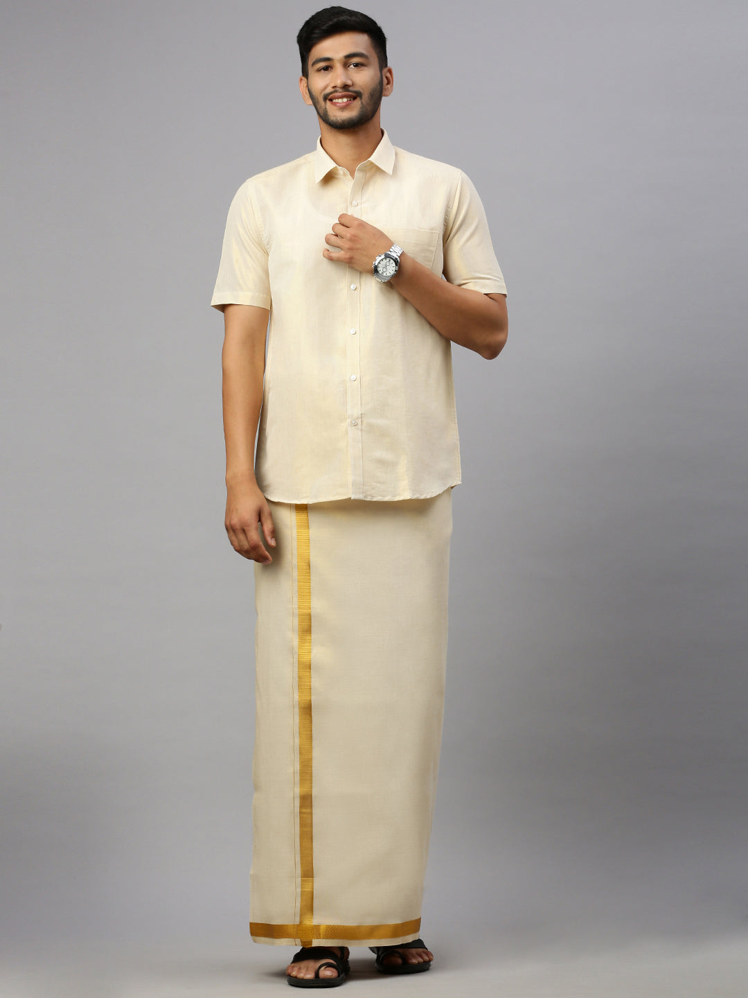 Couple Combo Tissue Gold Jari Dhoti & Shirt Set with Kerala Saree KS124