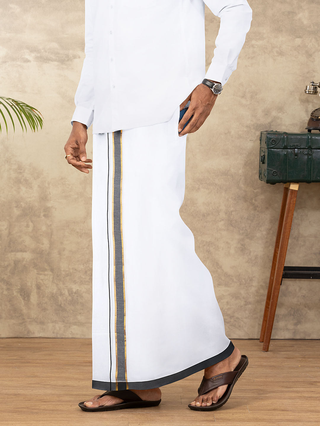 Men Cotton Blend Readymade Double Layer White Dhoti with Fancy Jari Border GFDA03