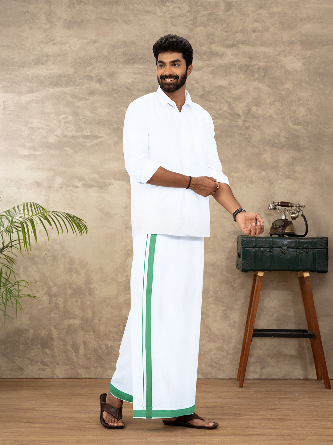 Men Cotton Blend Readymade Single Layer White Dhoti with Big Border GACS13