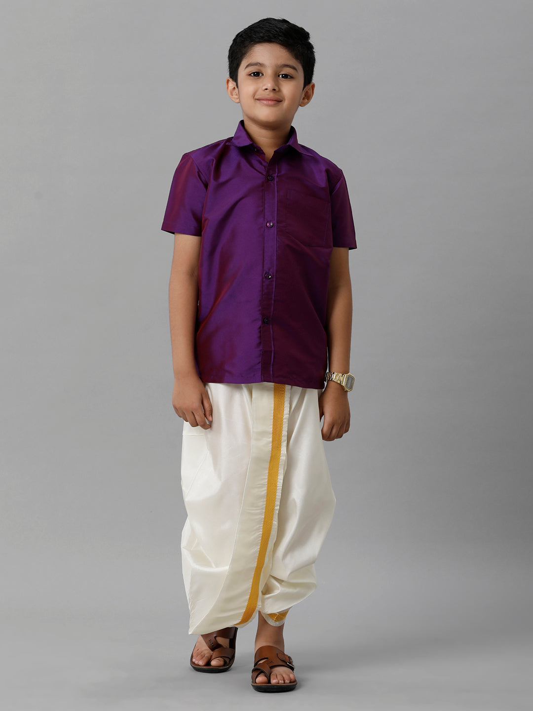 Boys Silk Cotton Violet Half Sleeves Shirt with Soft Silk Panchakacham Combo K21
