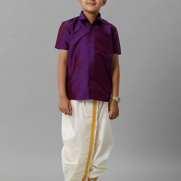 Boys Silk Cotton Violet Half Sleeves Shirt with Soft Silk Panchakacham Combo  K21