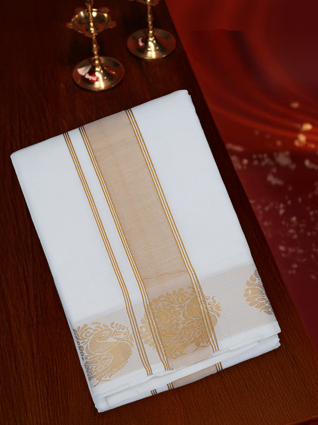 Men White Cotton Gold Fancy Jari Border Panchakacham with Angavasthram (9+5) Pet