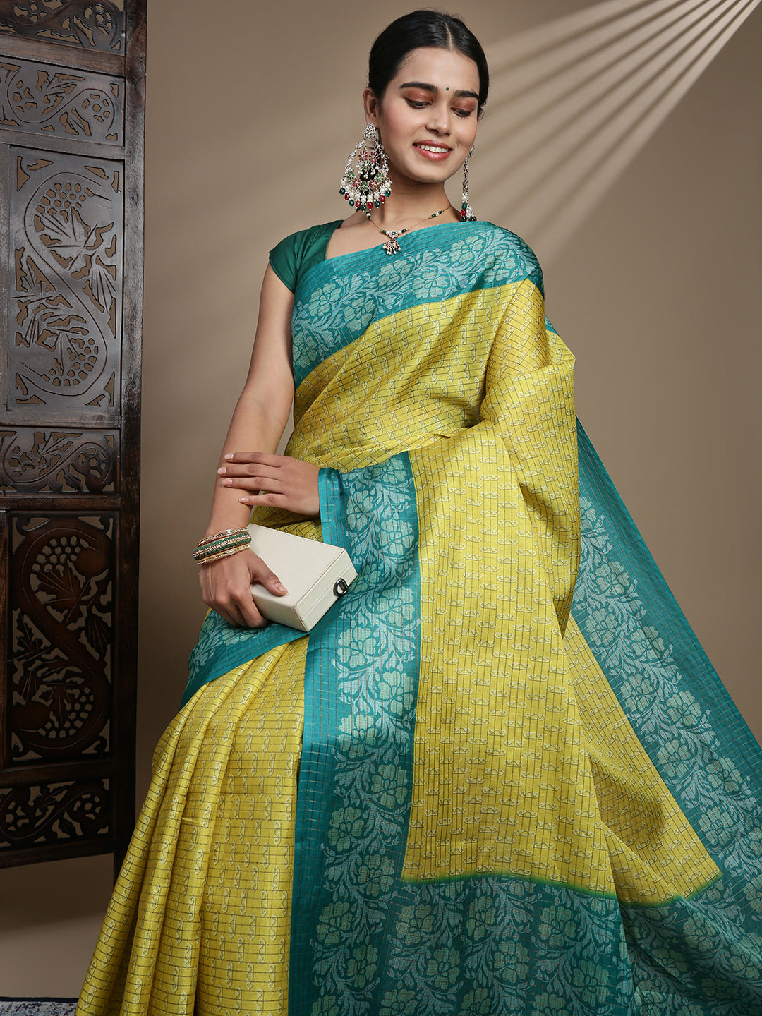 Women Yellow Semi Tussar Printed Saree ST312