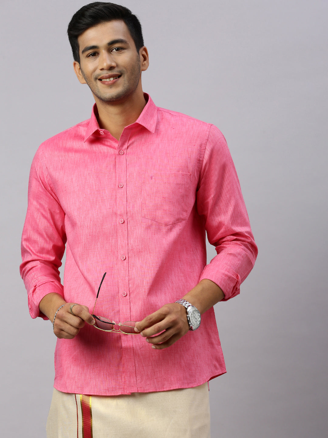 Mens Macho Pink Colour Shirt & Matching Border Tissue Dhoti Set CCB
