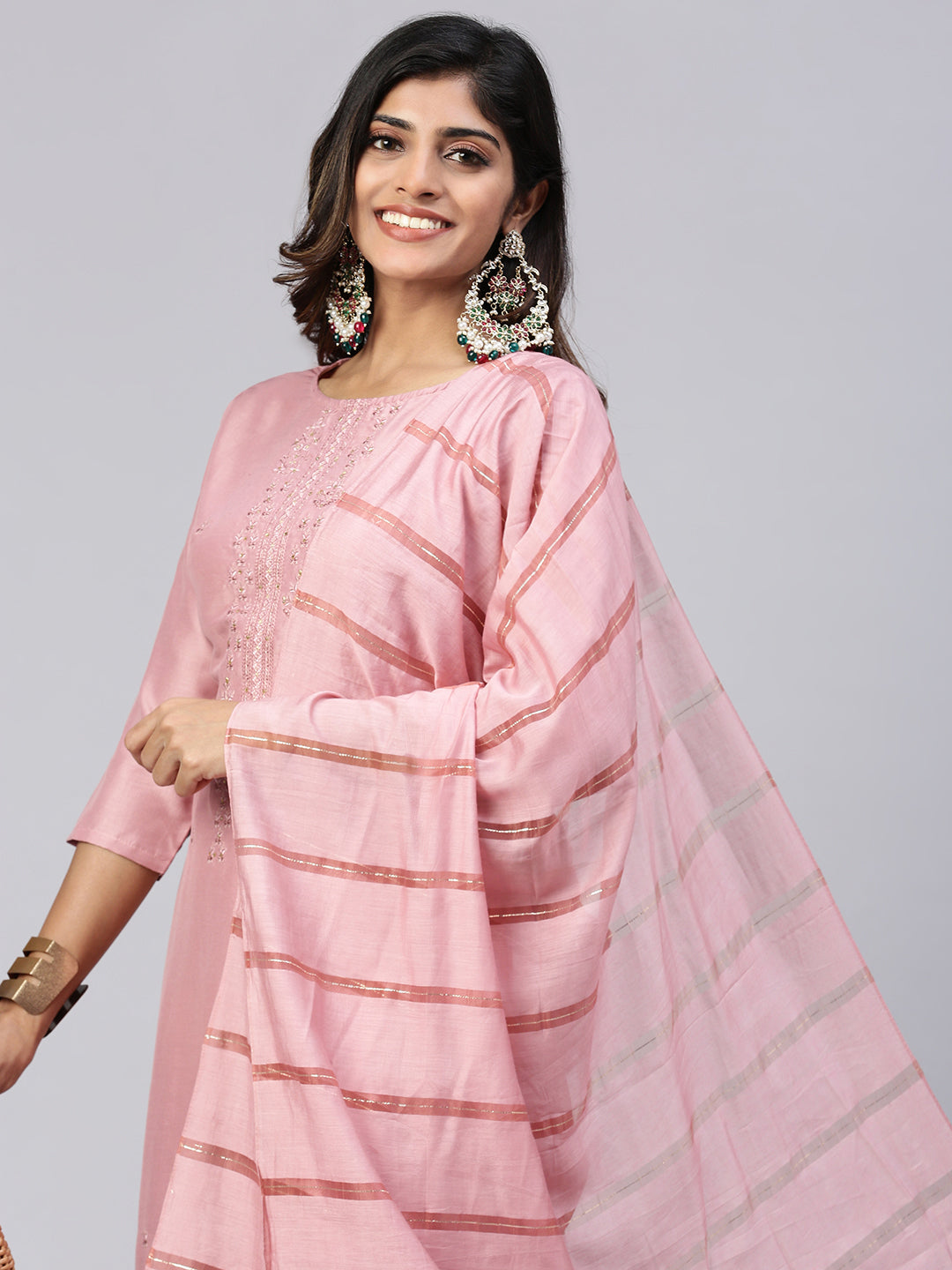 Women Cotton Embroidered Kurti Sets Pink EKS30