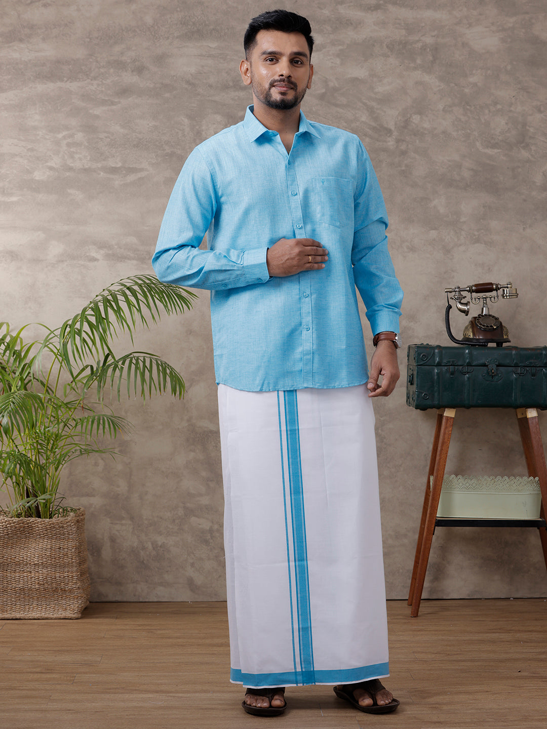 Men Matching Border Dhoti & Full Sleeves Shirt Set Blue C11