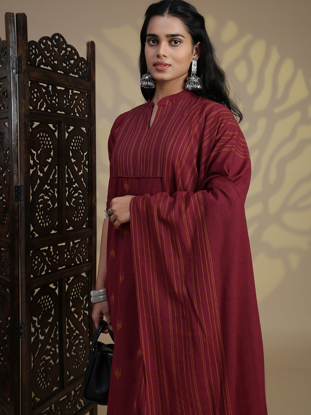 Women Cotton Maroon Stripes Design Kurti Set EKS95