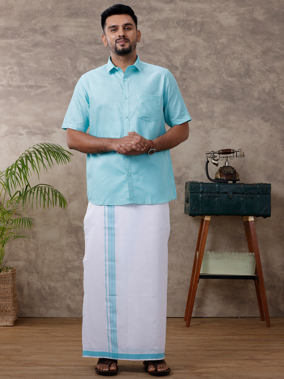 Men Matching Border Dhoti & Half Sleeves Shirt Set Blue C50