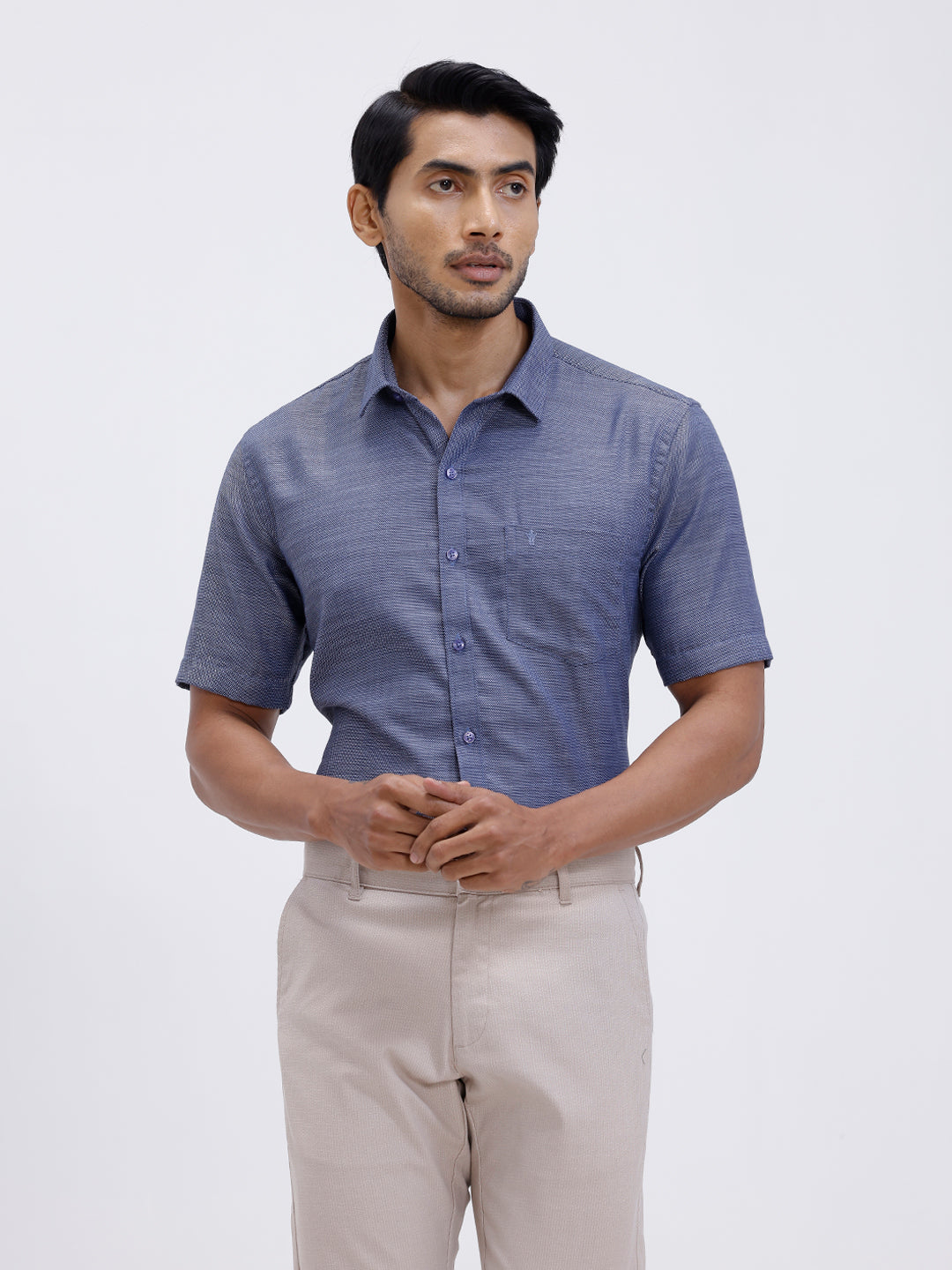 Men Cotton Rich Half Sleeve Shirt Blue Dobby T59 AIT1