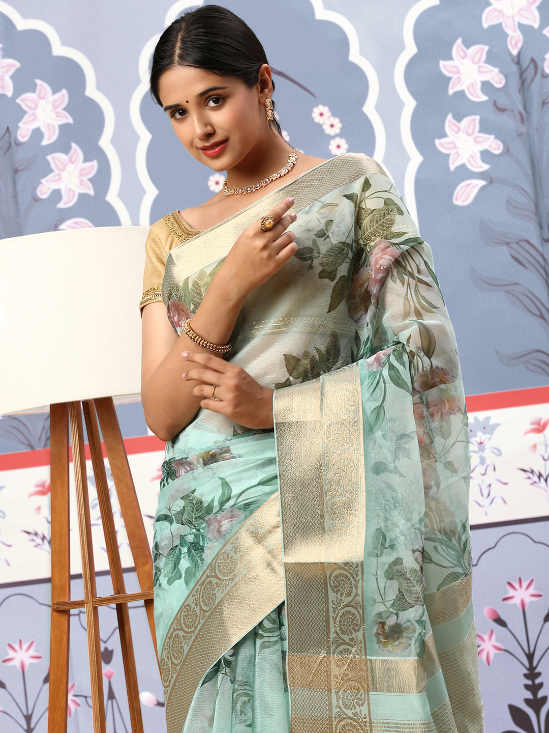 Women Semi Organza Printed Saree Green SOS20