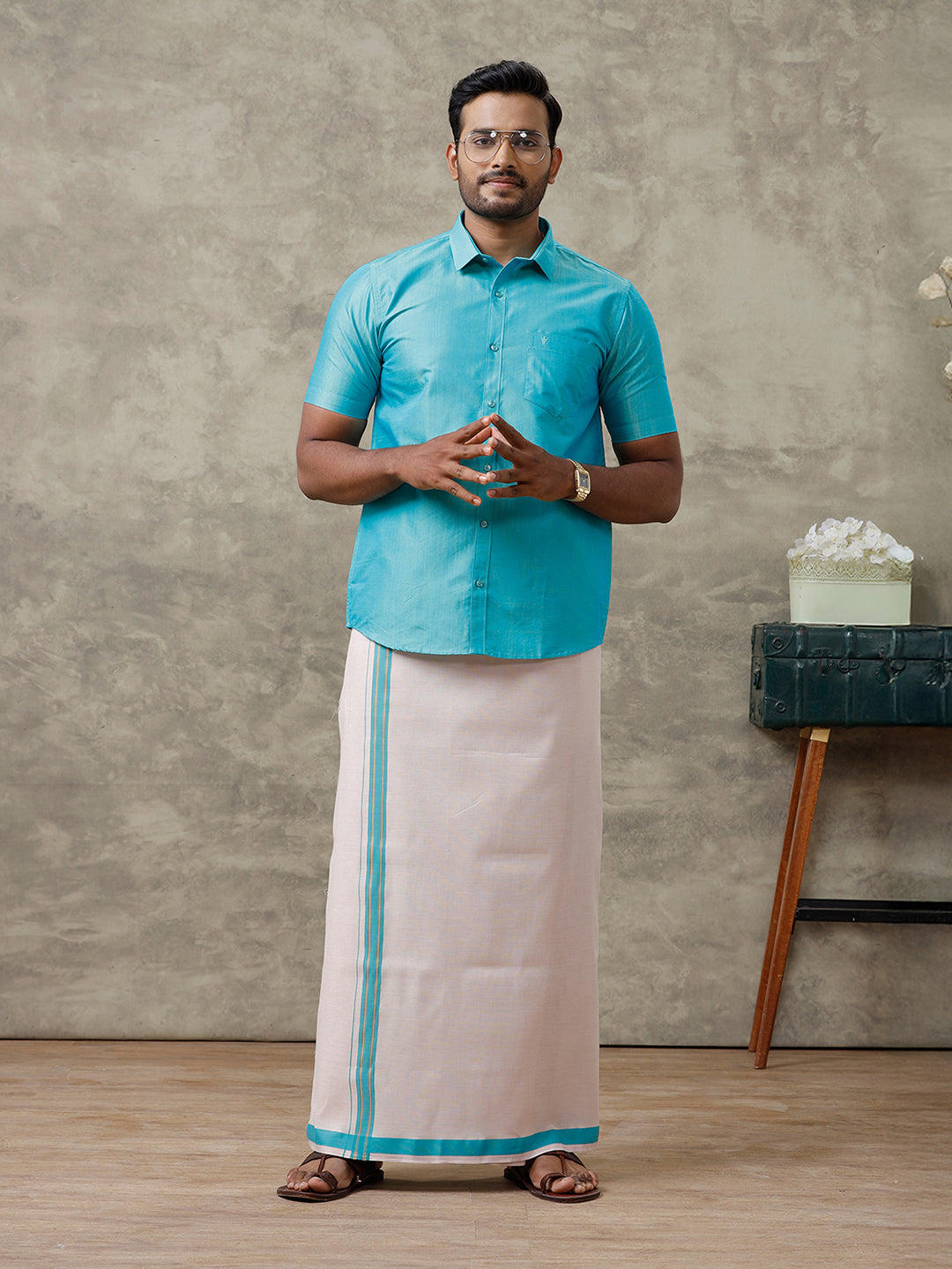 Couple Combo Half Sleeves Shirt & Dhoti Set with Saree Blue SS322