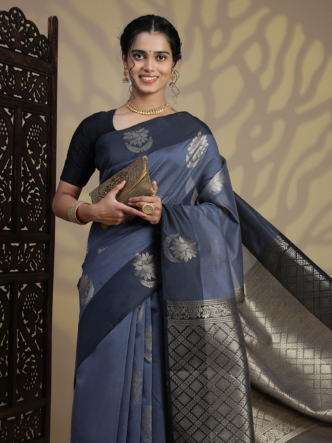 Women Blue Kora Cotton Saree SK106