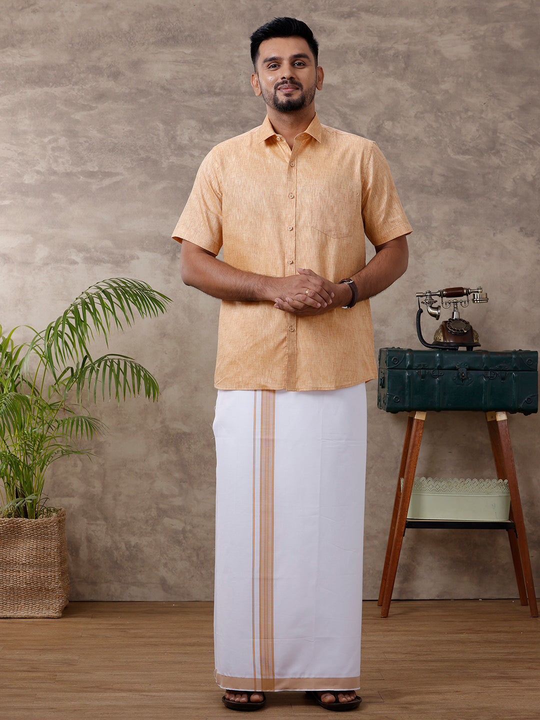 Men Matching Border Dhoti & Half Sleeves Shirt Set Mustard C1