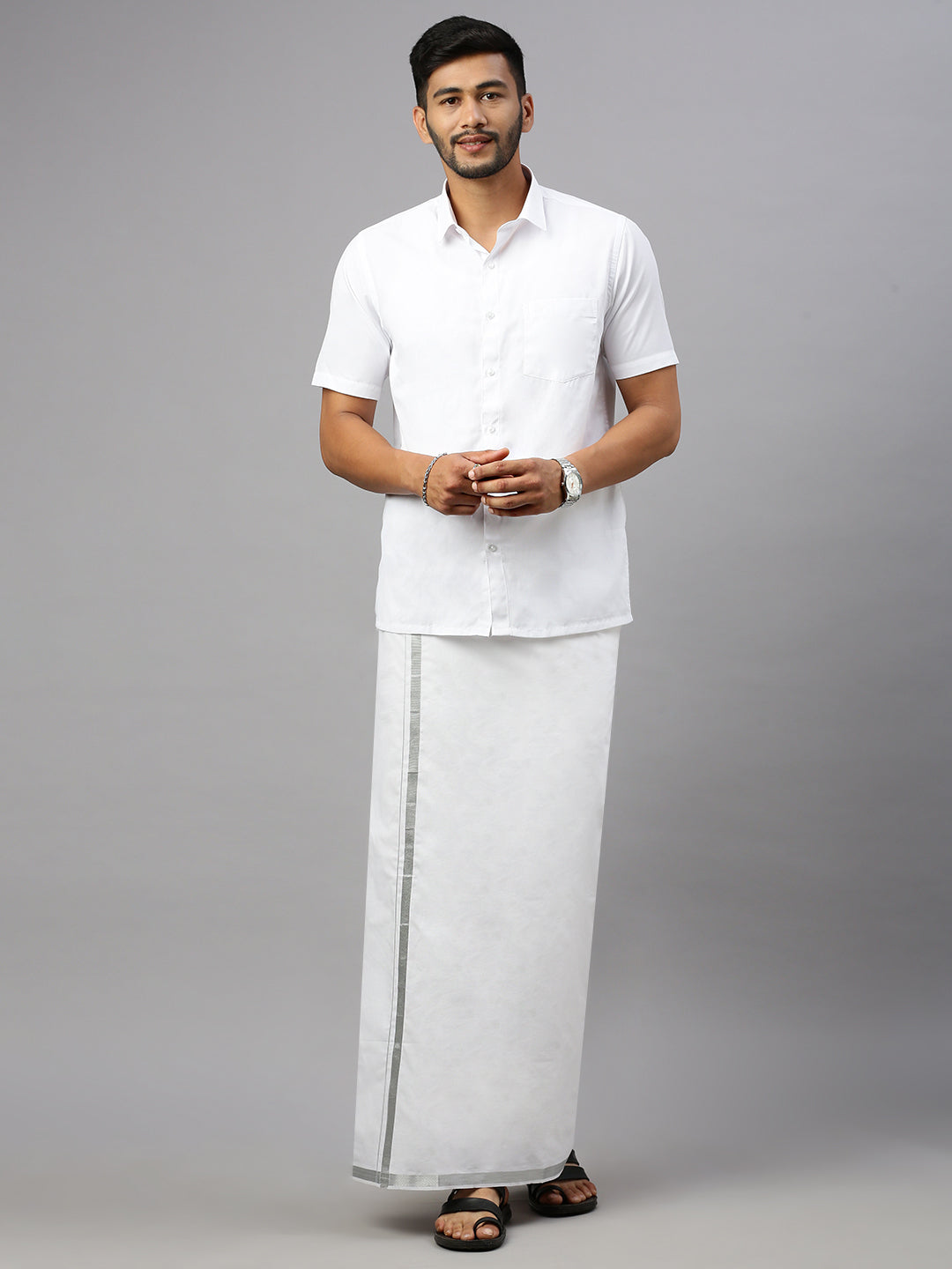 Men White Shirt with 1/2" inch Silver Jari Border Single Layer Dhoti Combo Silvertone