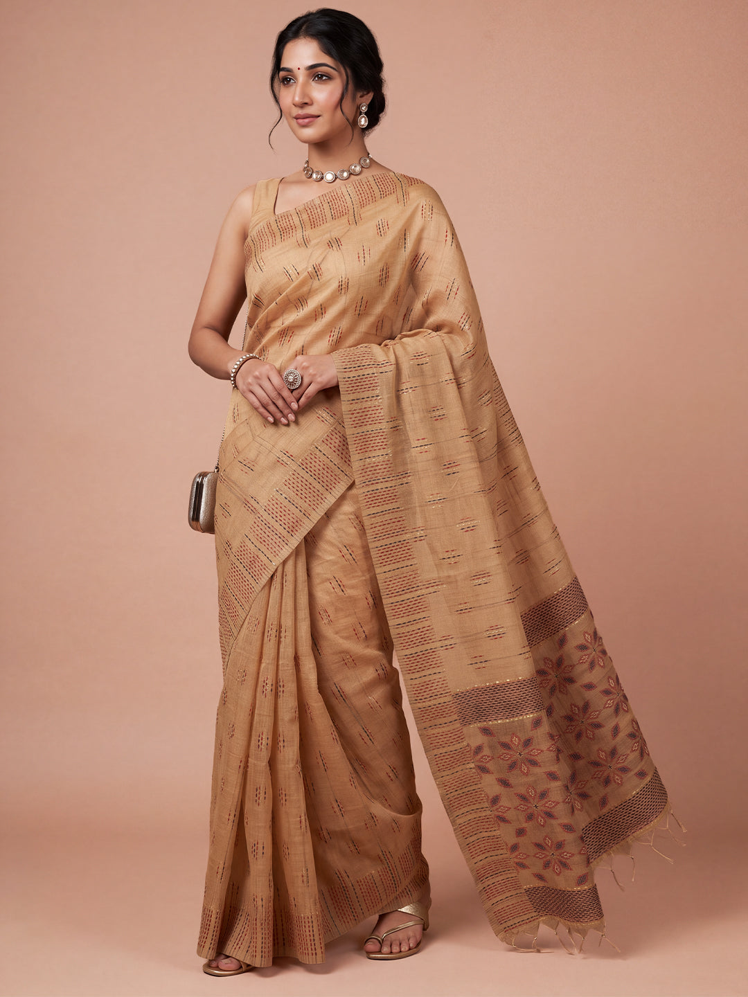 Women Kora Cotton Orange Printed Saree KC03