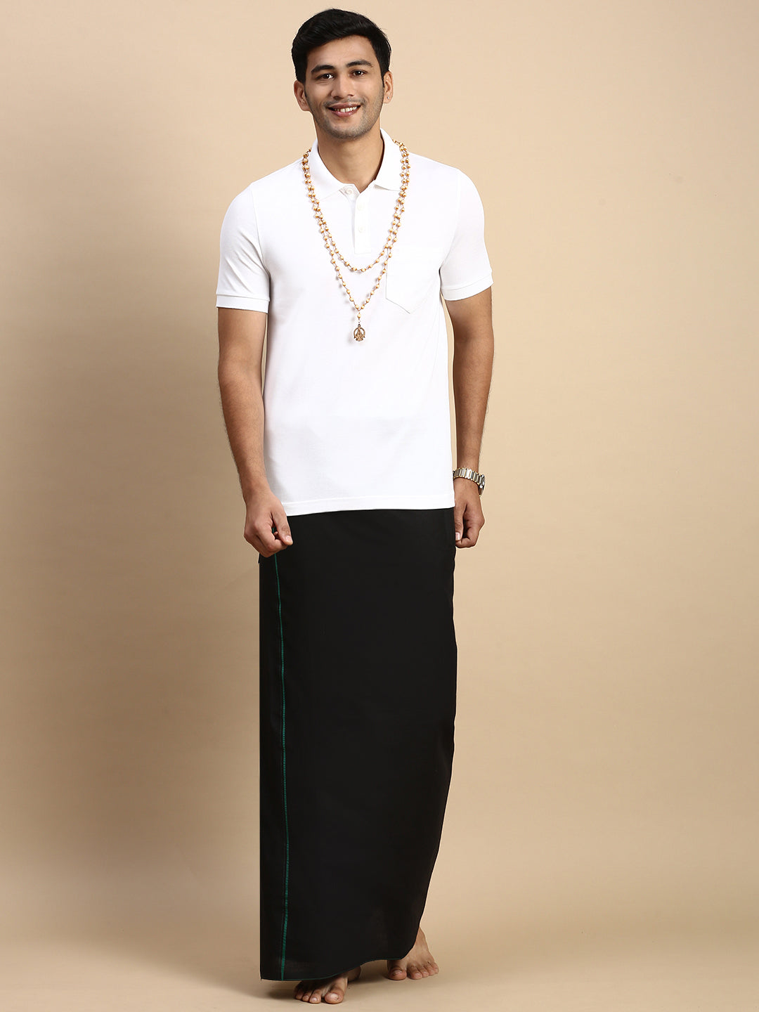 Men Devotional Small Border Dhoti & TShirt Set Black EP1