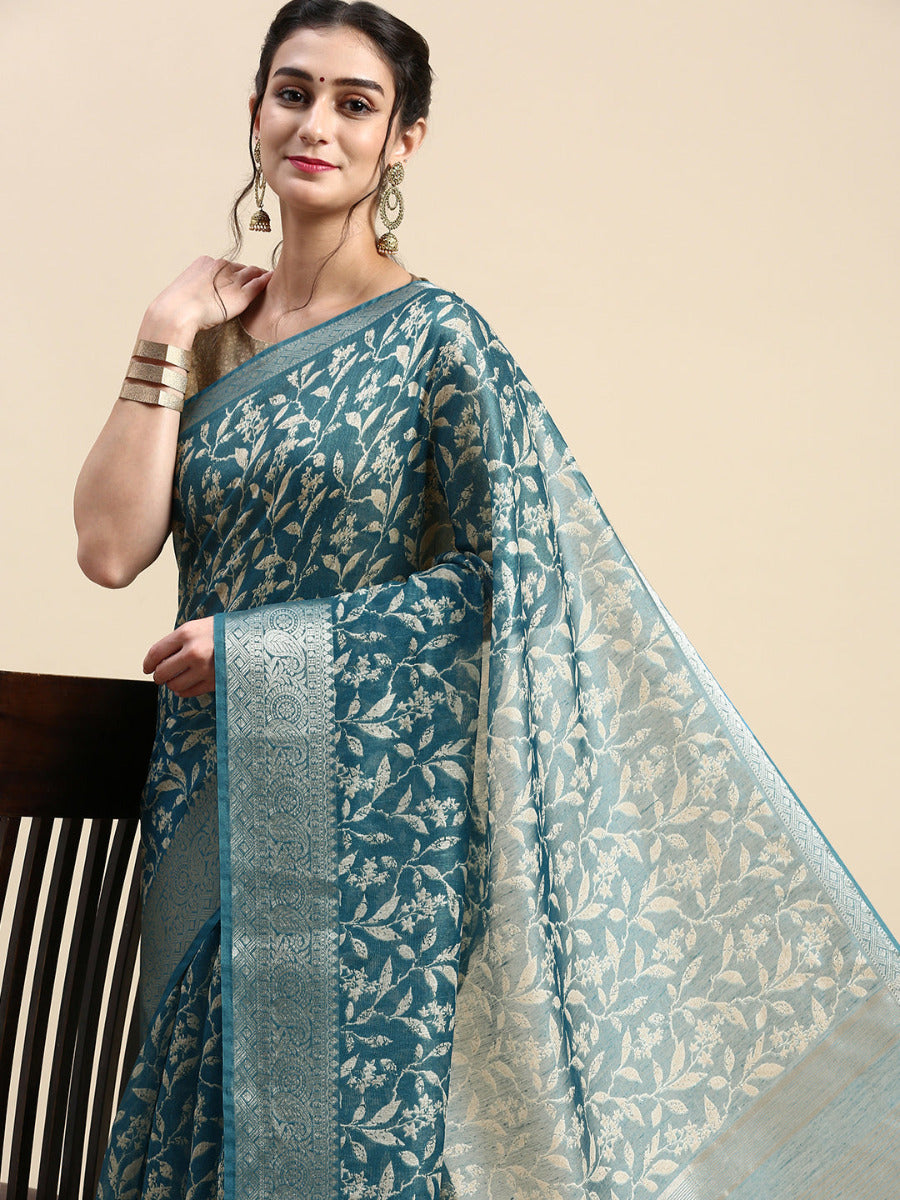 Womens Semi Linen Digital Print Bluish Green & Sandal Saree SL53
