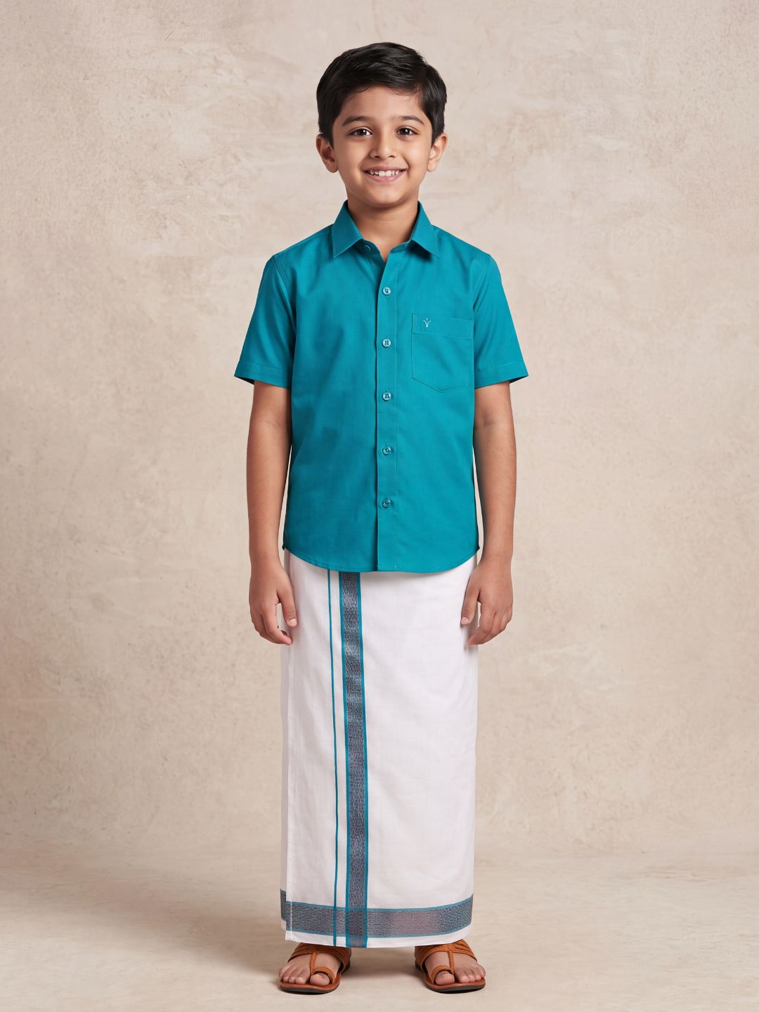 Boys 100% Cotton Jungle Green Shirt and Fancy Border Dhoti Set BT11