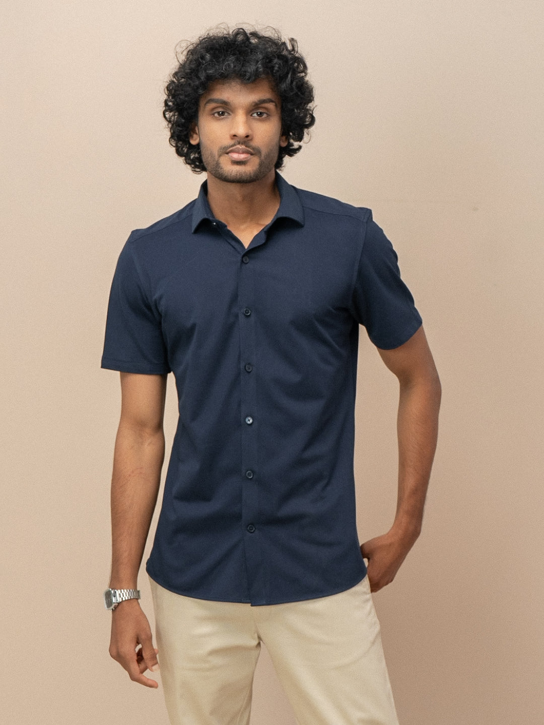 Men Poly Cotton Stretchable Navy Half Sleeves Shirt ER5