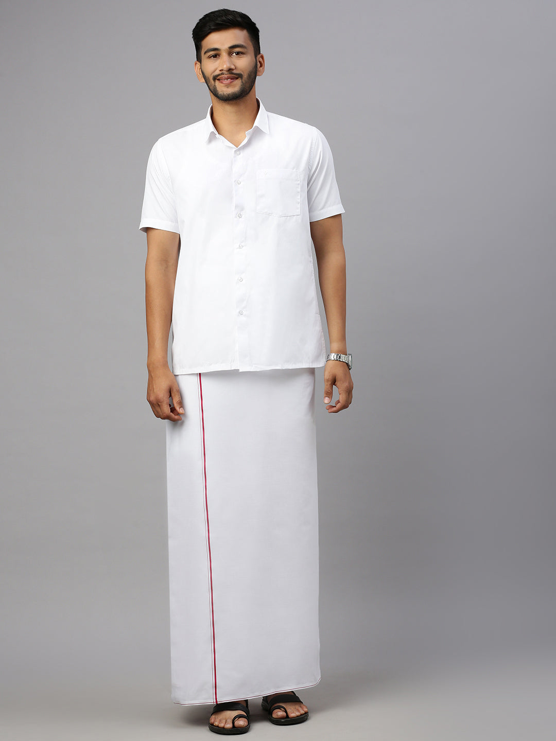 Mens Cotton White Half Sleeves Shirt with Small Border Dhoti Combo