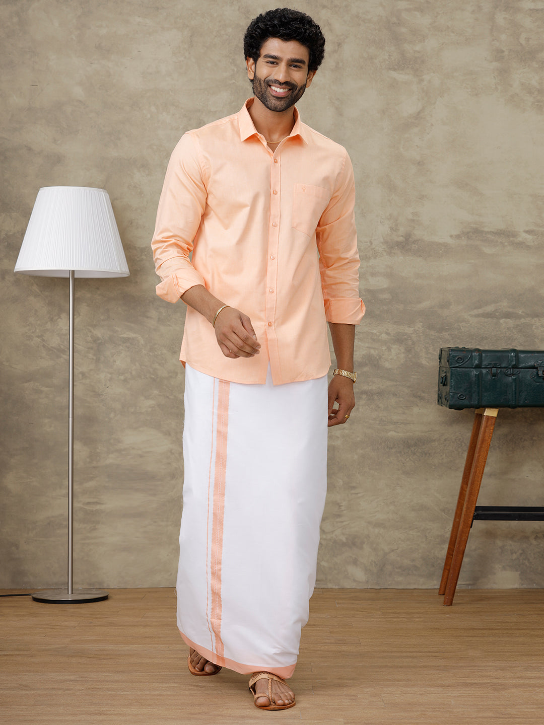 Men Peach Shirt With Matching Border Dhoti Set Evolution