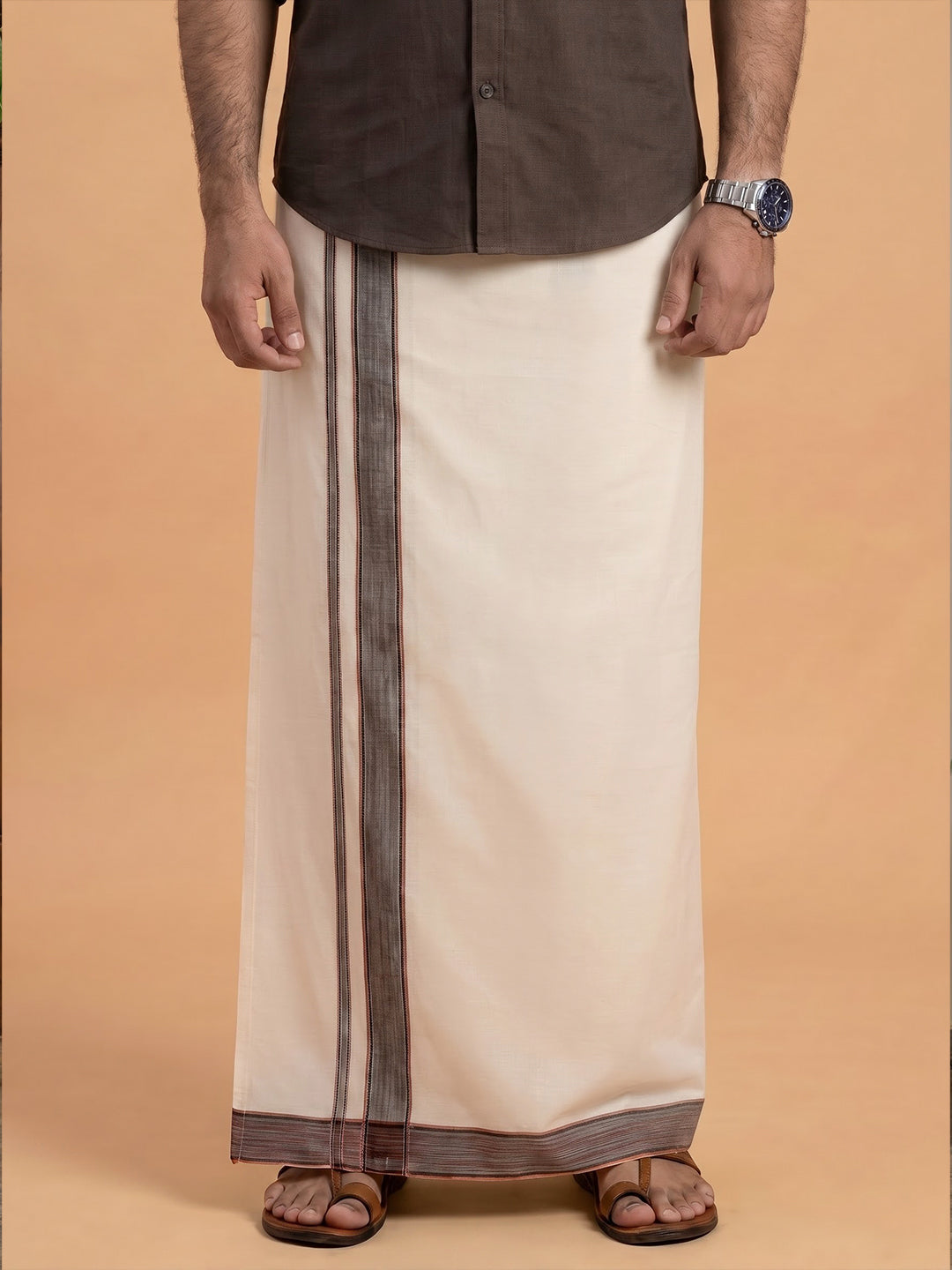 Double Layer 100% Cotton Cream Kora Dhoti with Colour Border -HJFD01