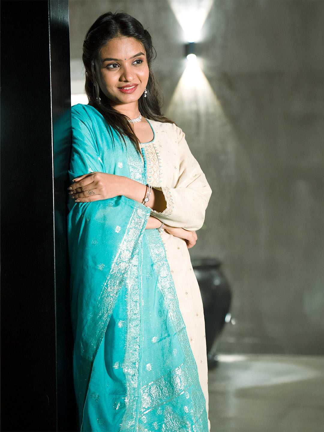 Women Cream with Blue MM Silk Embroidery Kurti Set EKS124