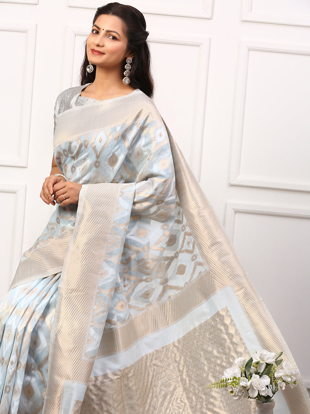 Women Semi Linen Weaving Saree Blue SL145