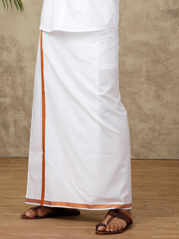 Men Cotton Blend Readymade Double Layer White Dhoti with 3/4" Copper Jari Border 248