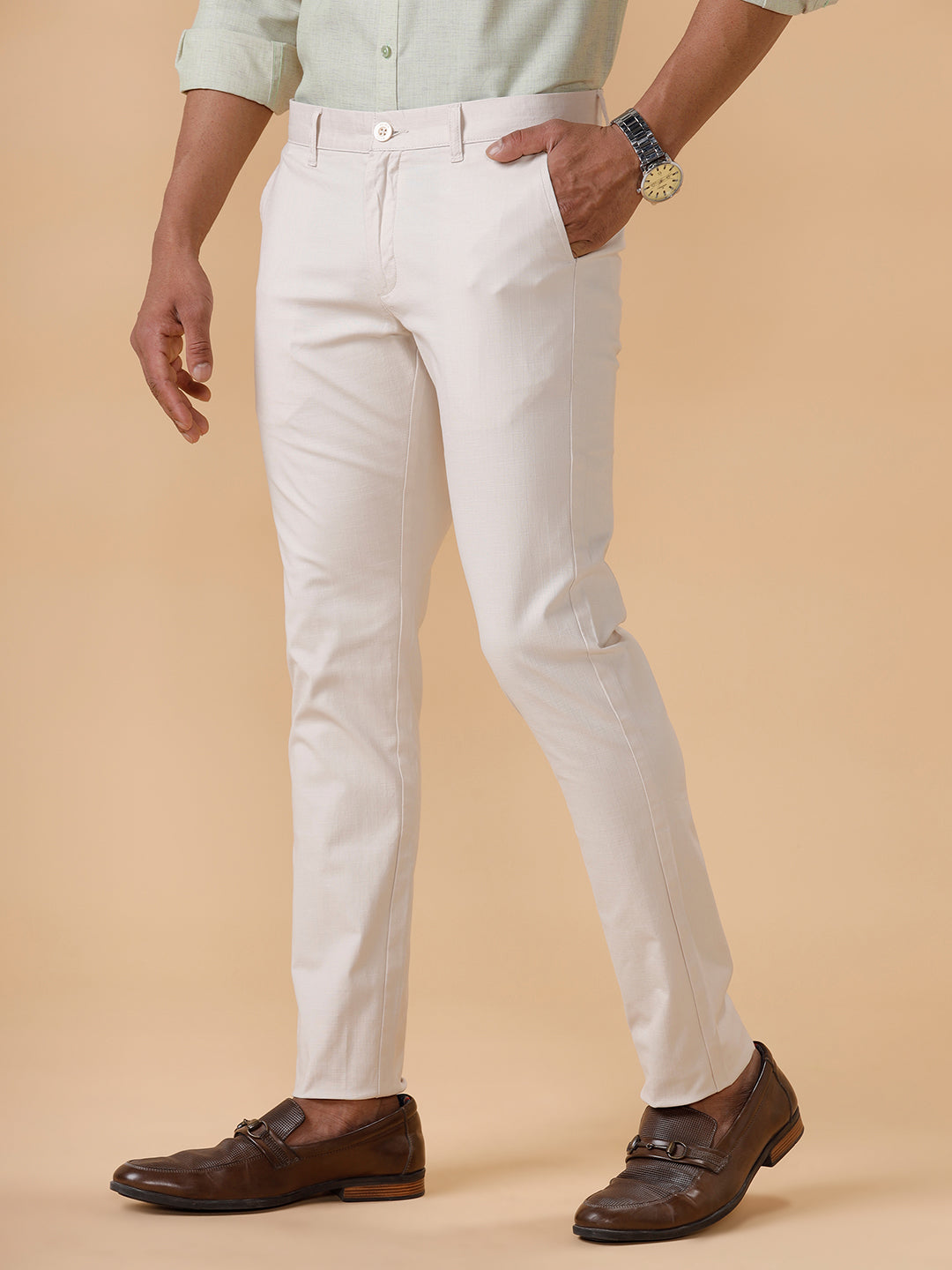 Men Cotton Smart Fit Stretch Pant Off White Linox