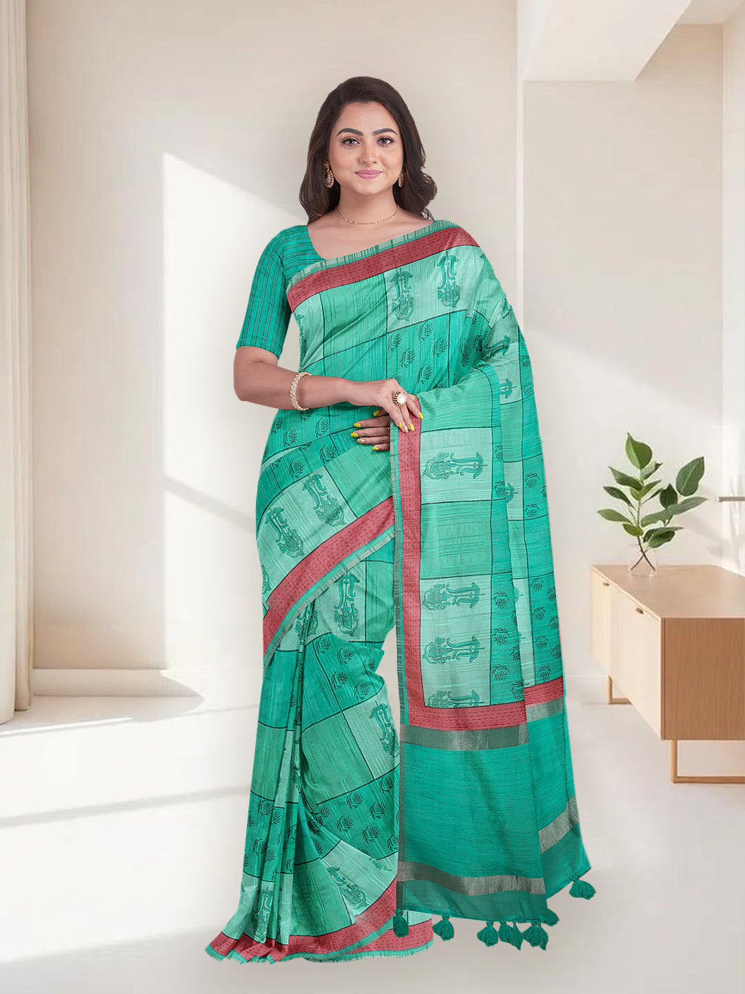 Women Green Semi Tussar Printed Saree ST297