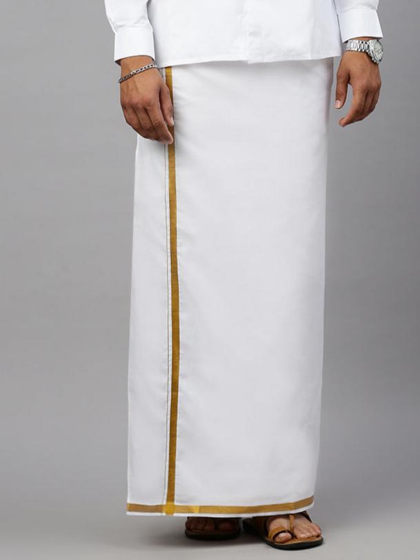 Men Genxt Readymade Pocket Dhoti White with Gold Jari 3/4" 248