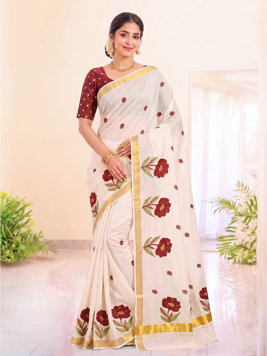 Women Kerala Embroidered Cream Saree KLS07